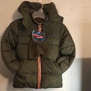 Green Puffer Jacket with Orange Zipper